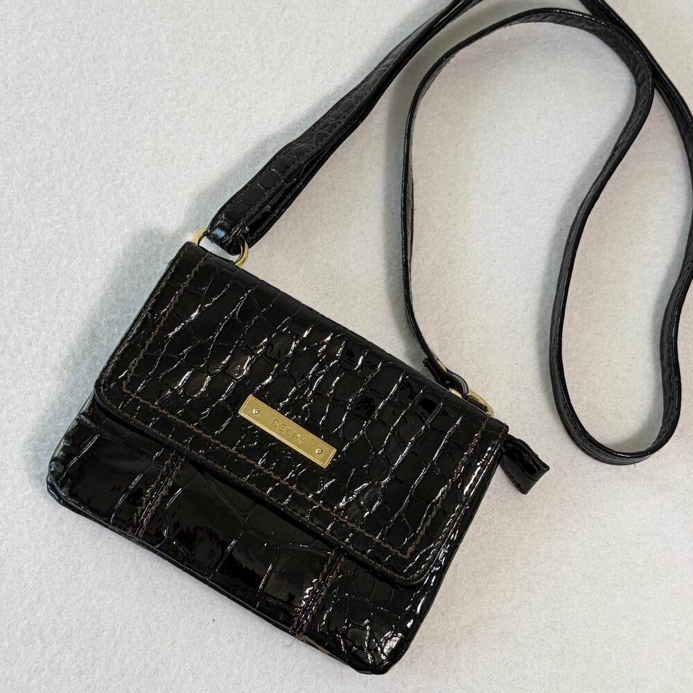 Relic Purse Black Faux Crocodile Alligator Shiny Small Bag Long Strap Crossbody